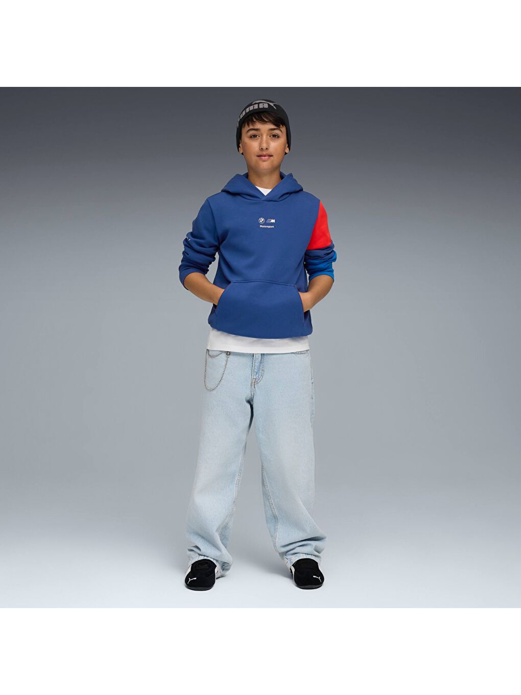 Mavi BMW M Motorsport KIDS ESSENTIALS Genç Kapüşonlu Hoodie-1