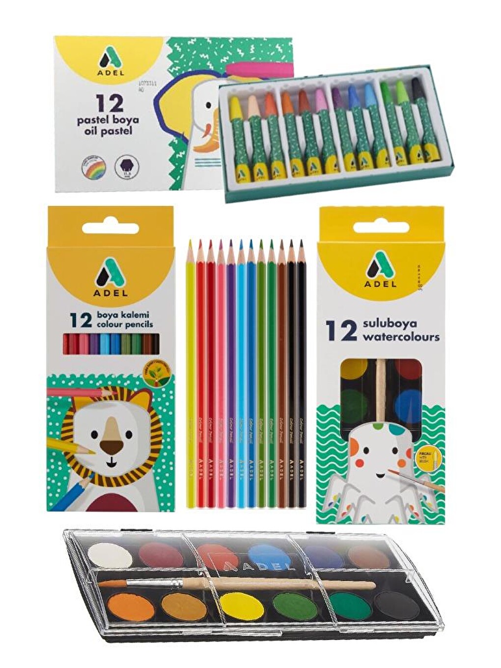 Öğrenci Okul Boyama Seti 3 Lü Adel 12 Renk Pastel Boya Kuru Boya Sulu Boya 12 Li Boya Set Kreş Seti