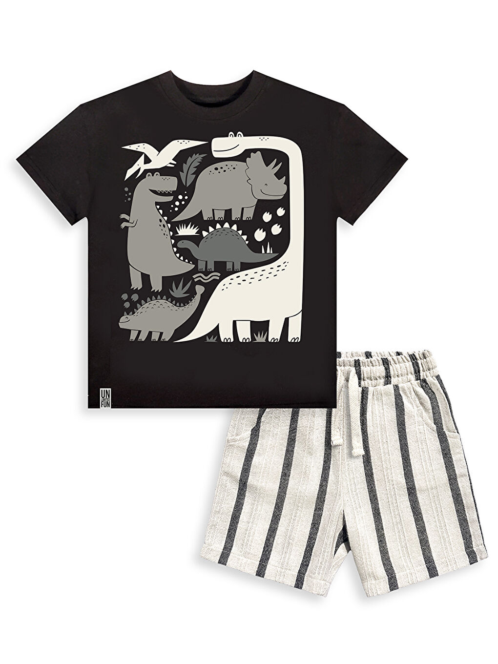 Siyah Erkek Çocuk Takım Dino Pamuk T-Shirt Ve Çizgili Keten Görünümlü Yazlık Şort-3