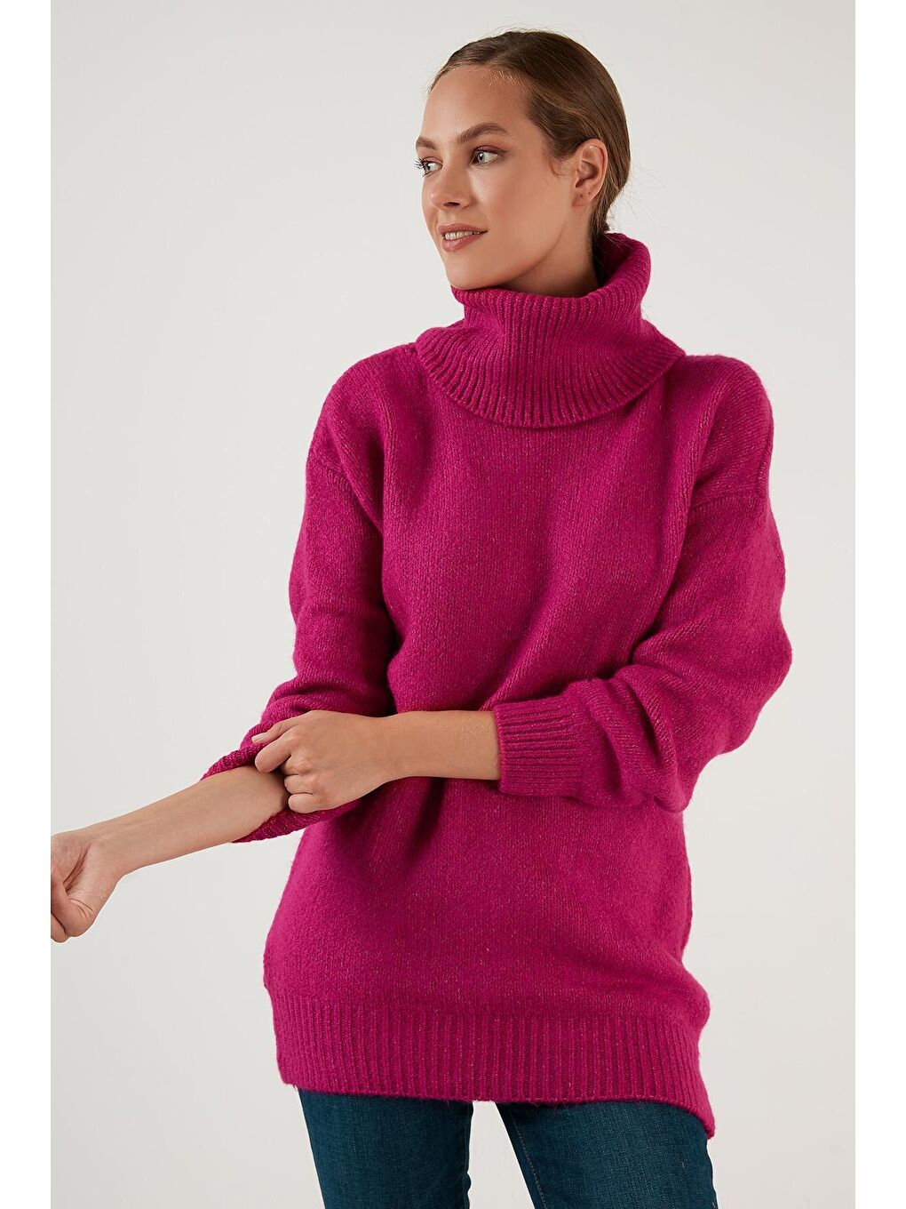 Fuşya Balıkçı Yaka Örme Uzun Kazak 4615018-3