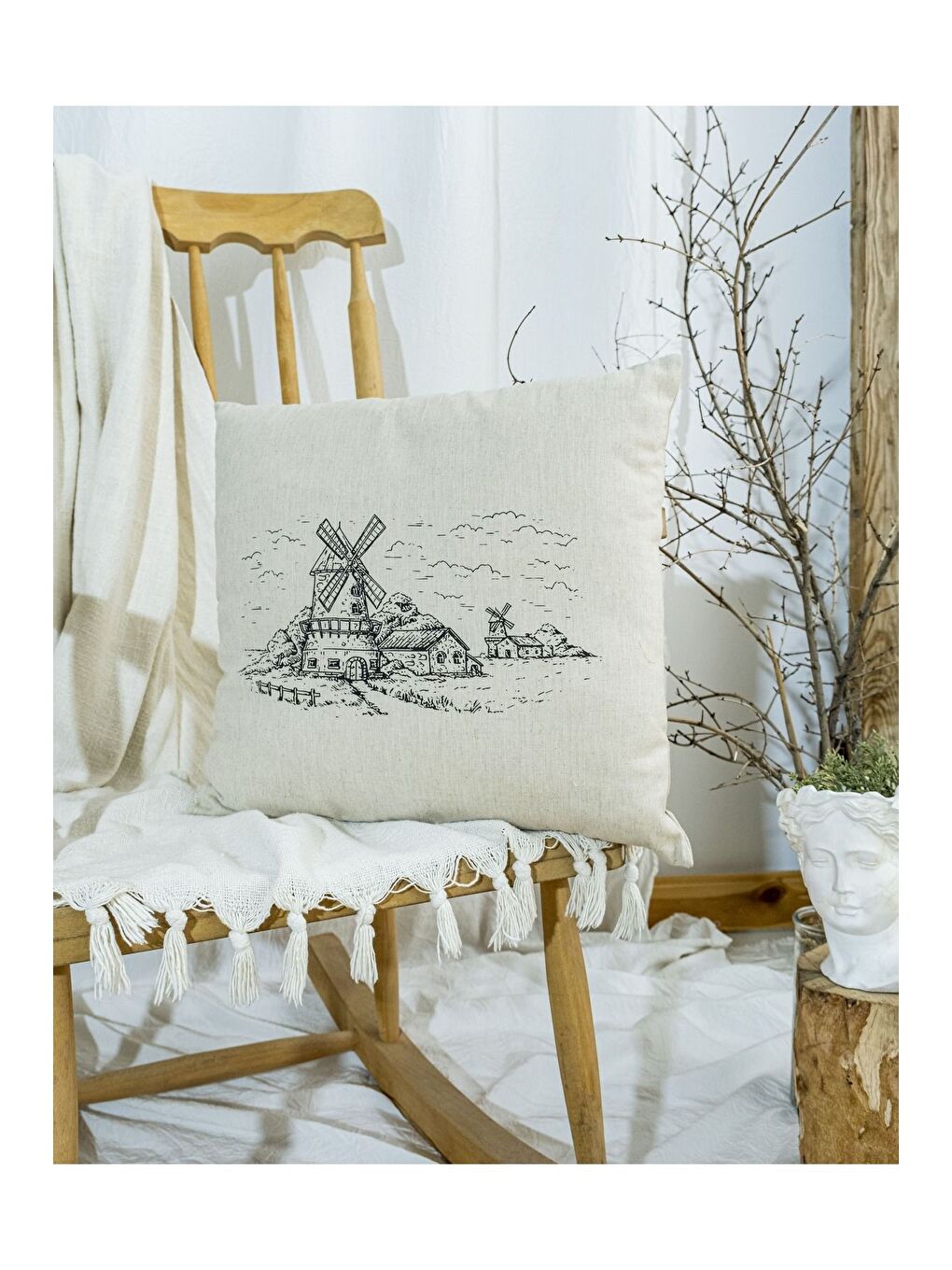 Ekru Bohem Tarzı Keten Pamuklu Desenli Dijital Baskılı 45x45 Kırlent Kılıfı