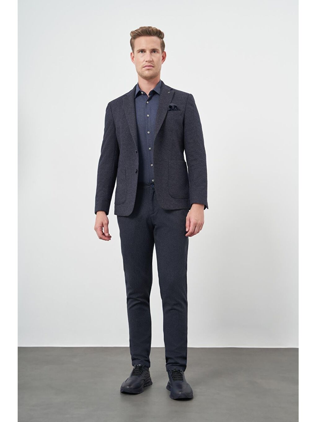 Koyu Lacivert Örme Mono Yaka 6 Drop Slim Fit Ceket 1002245151-1