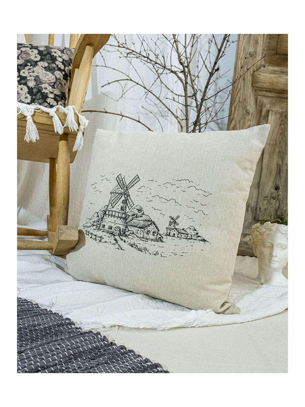 Ekru Bohem Tarzı Keten Pamuklu Desenli Dijital Baskılı 45x45 Kırlent Kılıfı-1