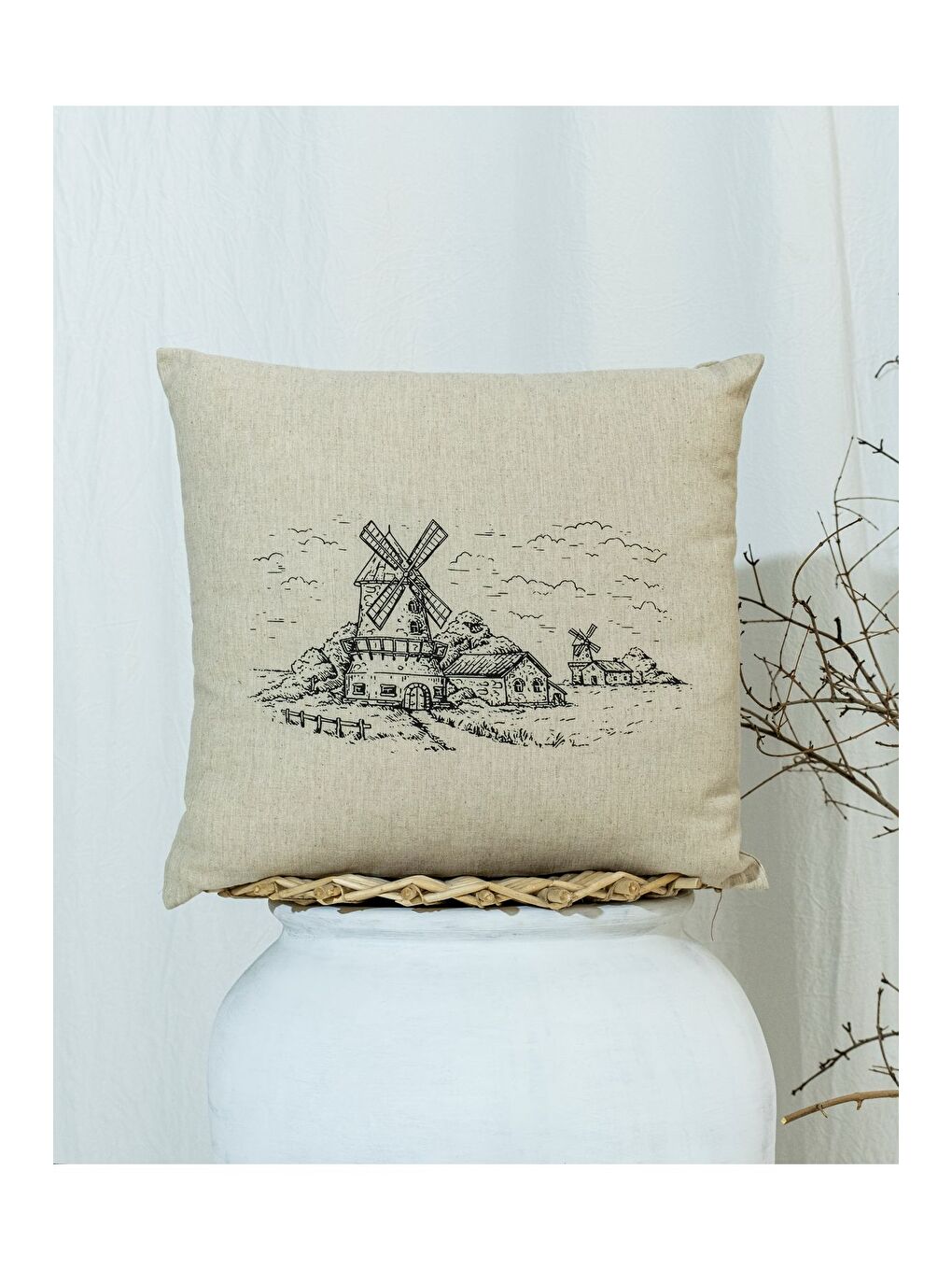 Ekru Bohem Tarzı Keten Pamuklu Desenli Dijital Baskılı 45x45 Kırlent Kılıfı-2