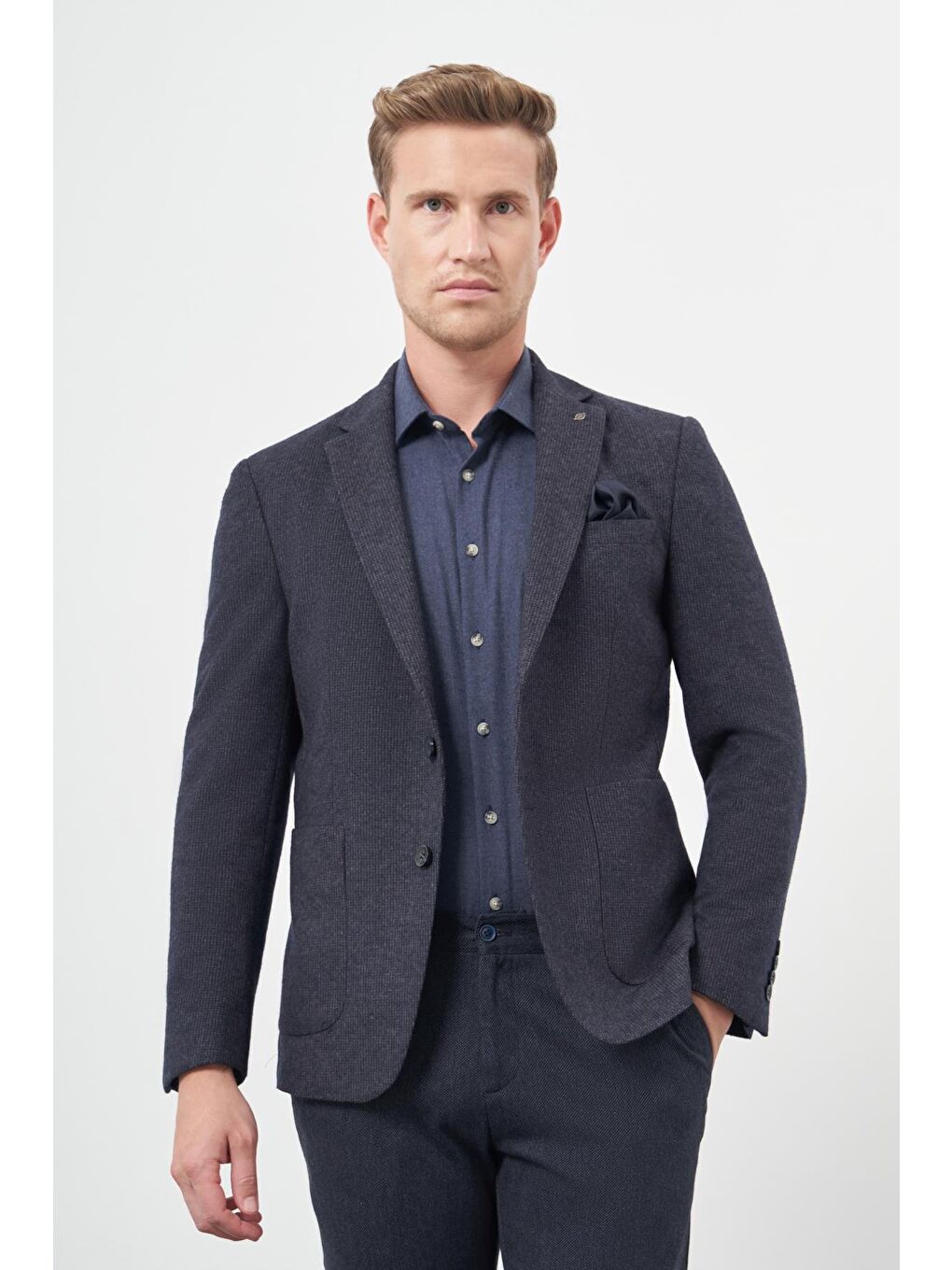 Koyu Lacivert Örme Mono Yaka 6 Drop Slim Fit Ceket 1002245151-2