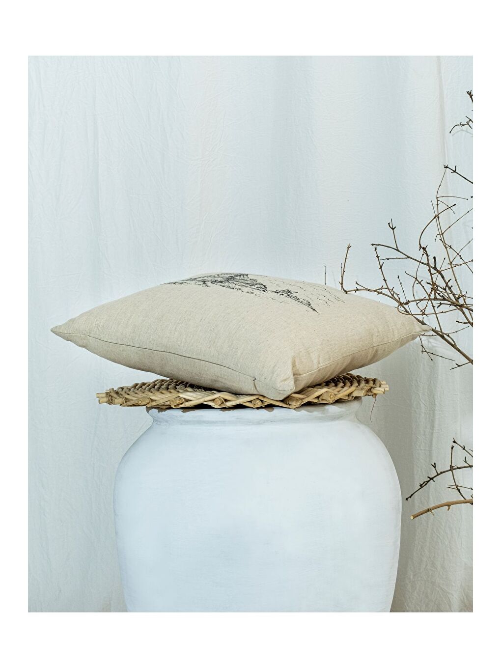 Ekru Bohem Tarzı Keten Pamuklu Desenli Dijital Baskılı 45x45 Kırlent Kılıfı-3