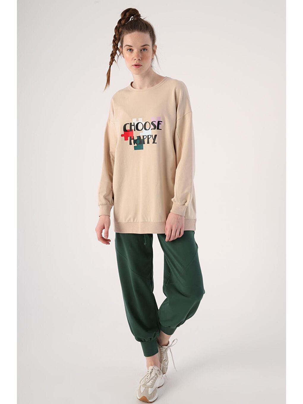 Bej Oversize Bisiklet Yaka Baskılı Sweatshirt-4