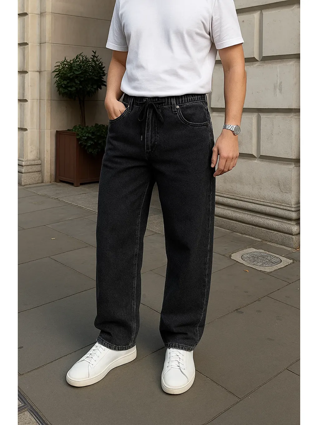 Erkek Günlük Basic Siyah Baggy Jean Pantolon-1