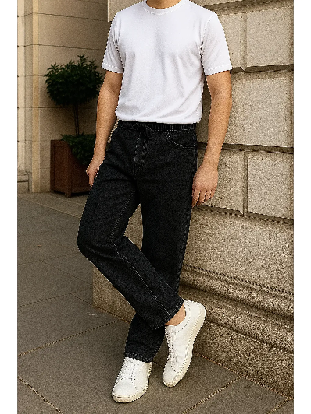 Erkek Günlük Basic Siyah Baggy Jean Pantolon-3