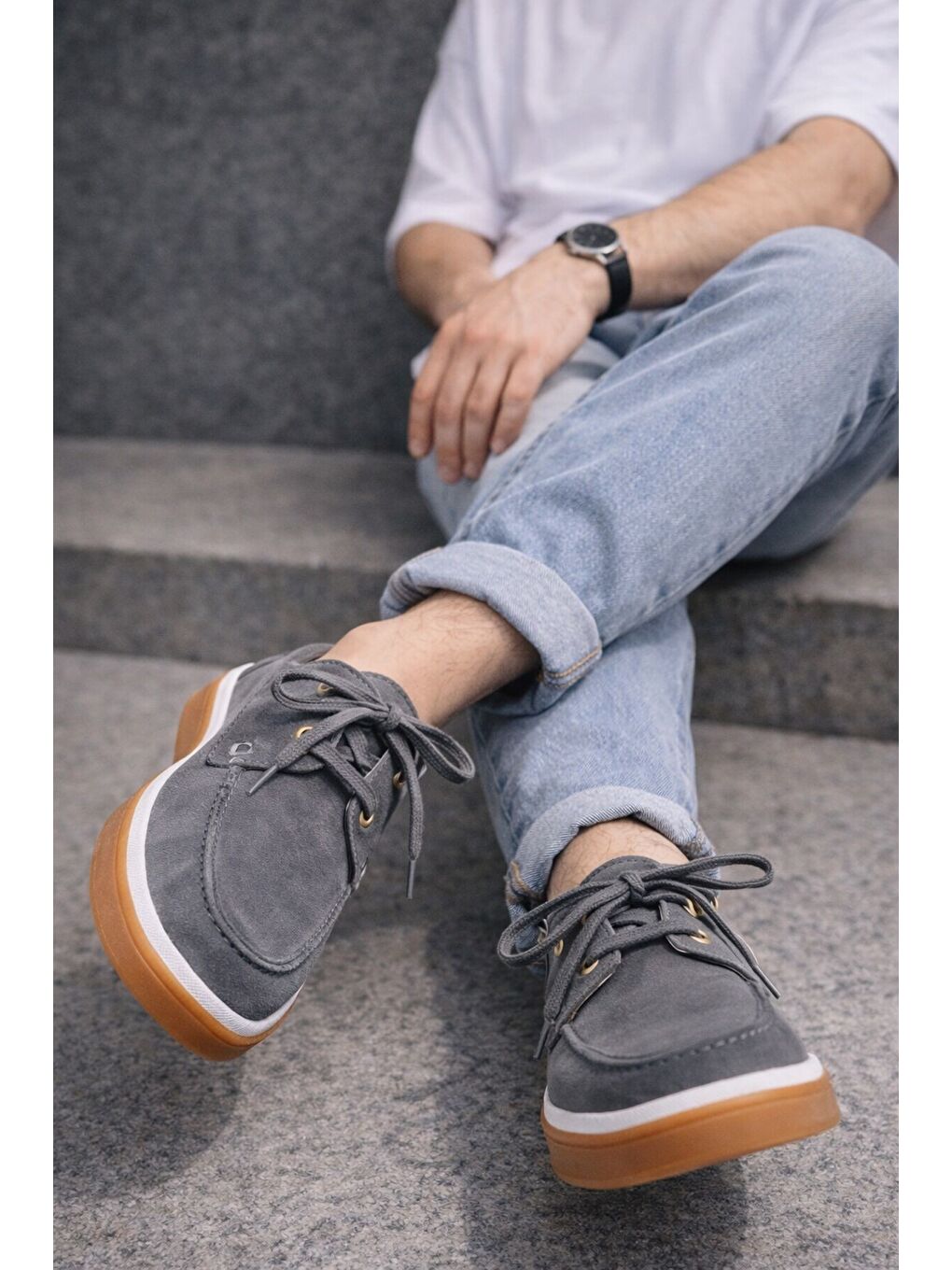 Gri CRAFT Hakiki Süet Deri Bağcıklı Erkek Günlük Loafer Ayakkabı-5