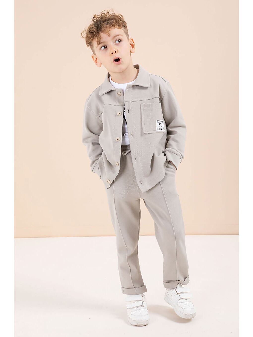 Bej Arma Detaylı Gömlekli Duble Paça Pantolonlu Erkek Çocuk 3lü Takım 23622
