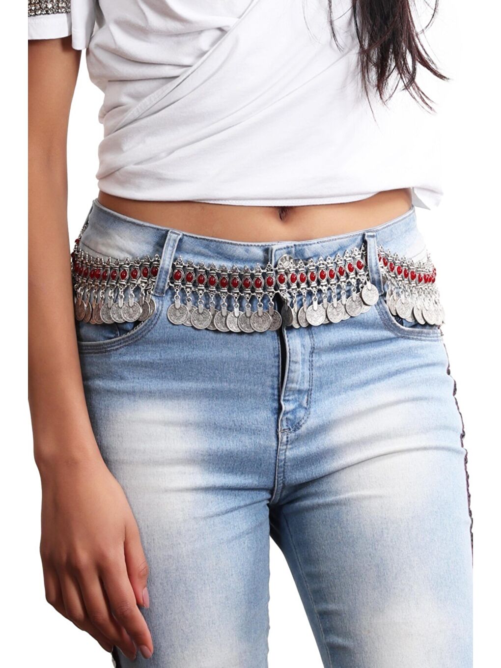 Kırmızı Kadın Antik Gümüş Kaplama Bordo Renk Boncuk ve Tuğra Detaylı Otantik Parçalı Kemer-2