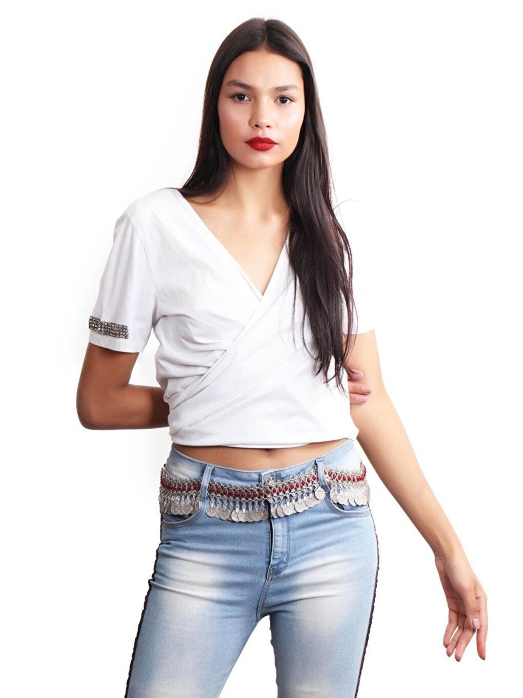 Kırmızı Kadın Antik Gümüş Kaplama Bordo Renk Boncuk ve Tuğra Detaylı Otantik Parçalı Kemer-3