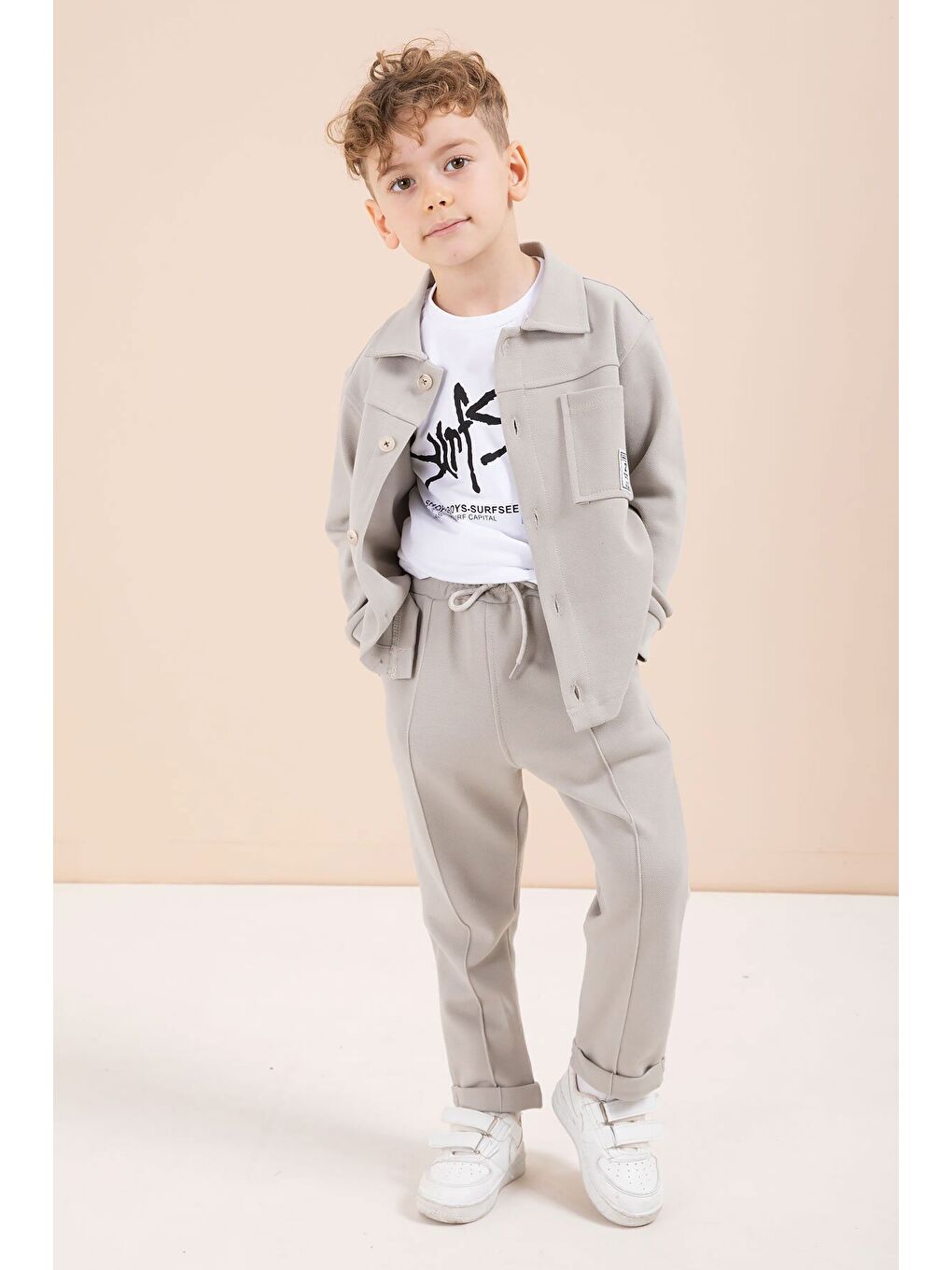 Bej Arma Detaylı Gömlekli Duble Paça Pantolonlu Erkek Çocuk 3lü Takım 23622-1