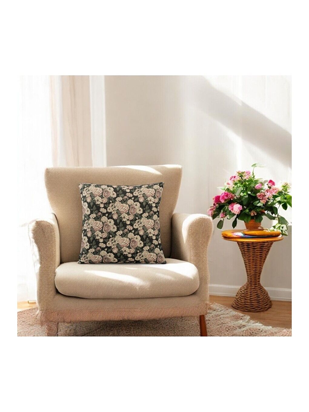 Siyah Bohem Tarzı Keten Pamuklu Dijital Baskı Çiçek Desenli 45x45 Kırlent Kılıfı-1