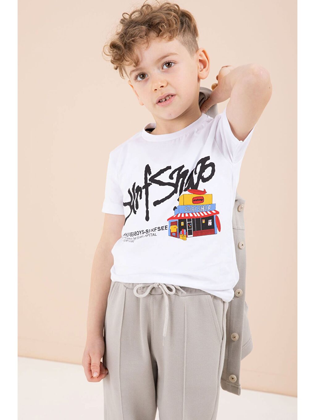 Bej Arma Detaylı Gömlekli Duble Paça Pantolonlu Erkek Çocuk 3lü Takım 23622-3