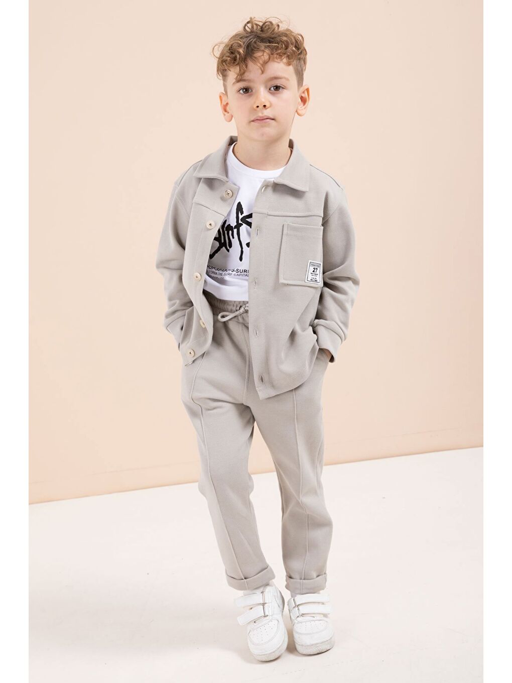 Bej Arma Detaylı Gömlekli Duble Paça Pantolonlu Erkek Çocuk 3lü Takım 23622-4