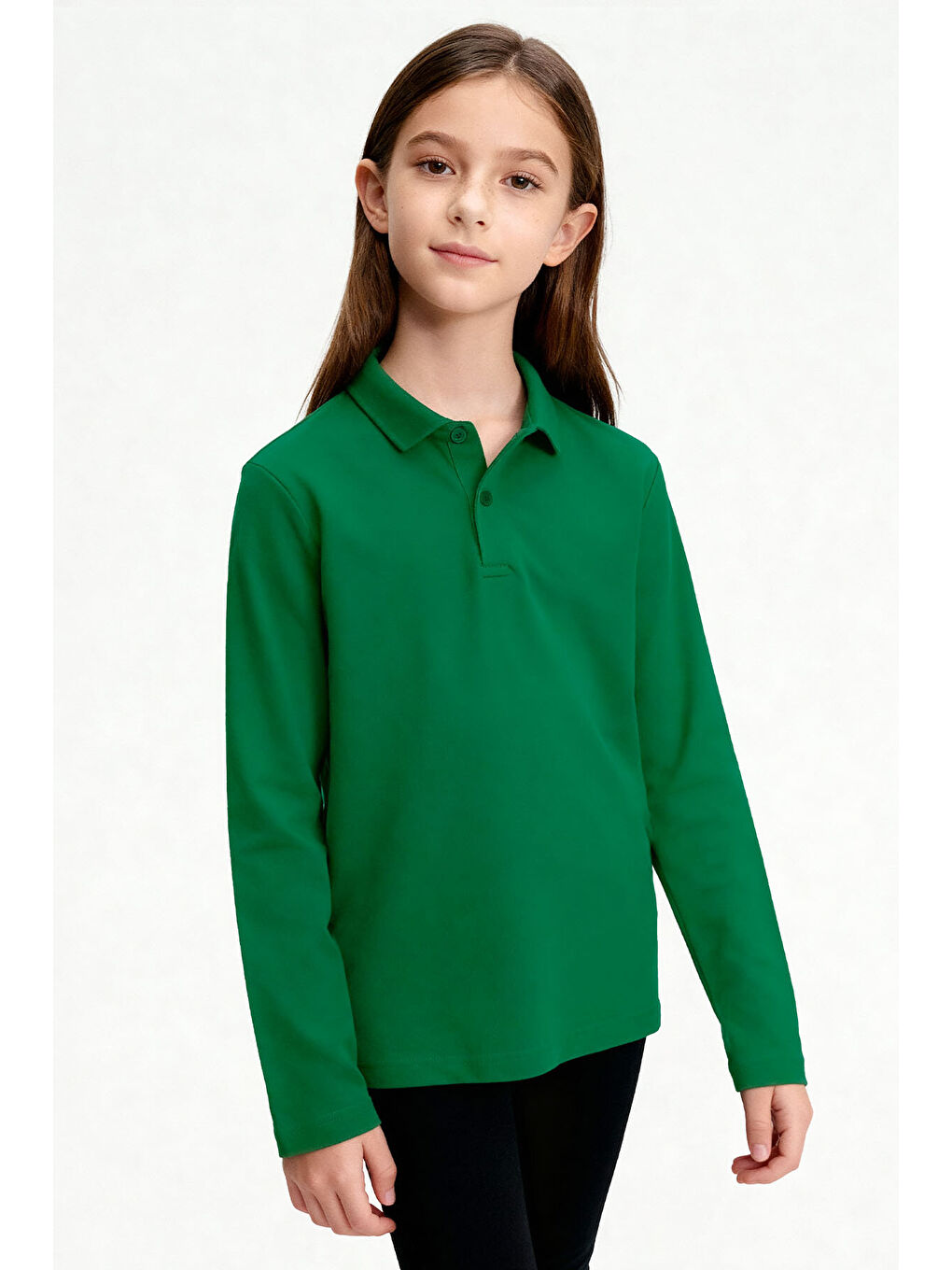 Yeşil Polo Yaka Basic Uzun Kollu Unisex Çocuk T-Shirt - 11170-1