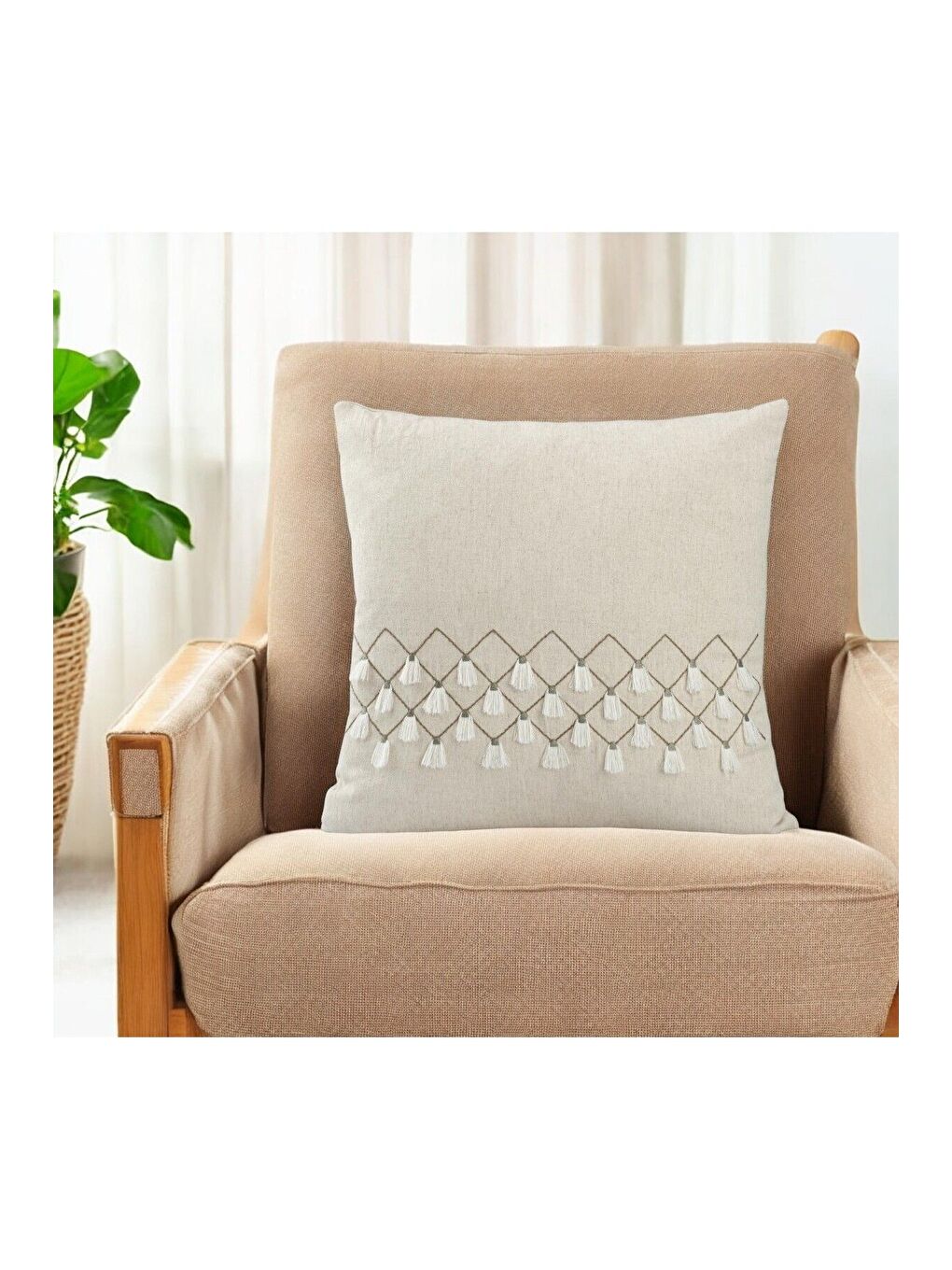 Ekru Bohem Tarzı Keten Pamuk Nakışlı 45x45 Kırlent Kılıfı-3