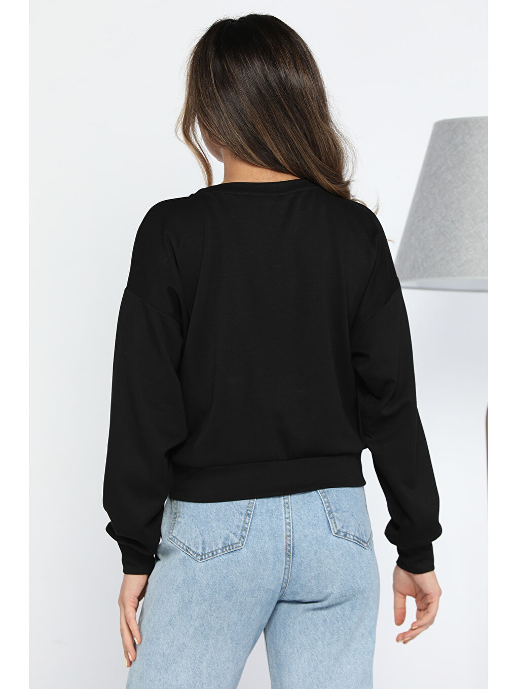 GÜLSELİ Siyah Kadın Bisiklet Yaka Pile Detaylı Sweatshirt - 2