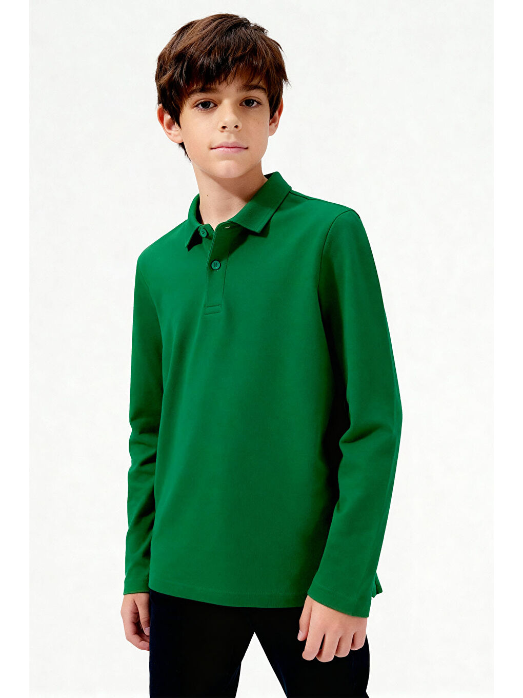 Yeşil Polo Yaka Basic Uzun Kollu Unisex Çocuk T-Shirt - 11170-2