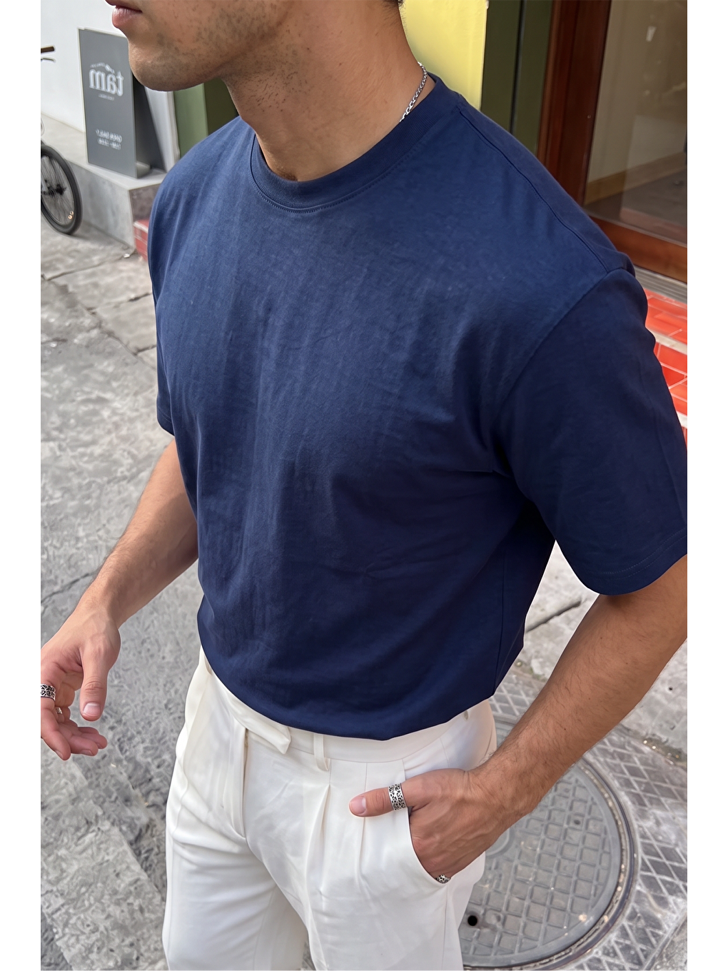 Lacivert Bari Premium %100 Pamuk Oversize Basic Bisiklet Yaka Erkek Tişört-2