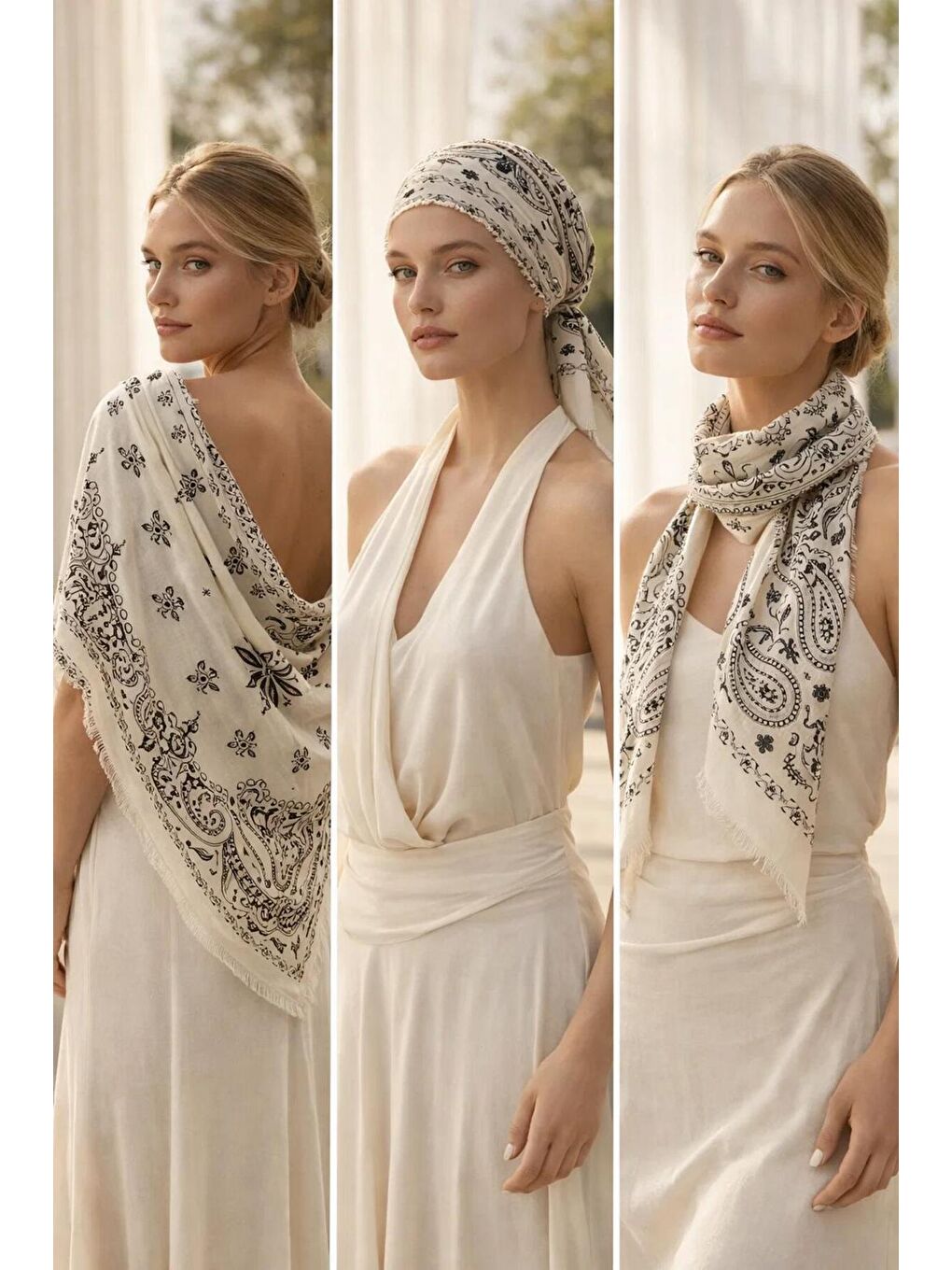 Kahverengi Kadın Vizon Etnik Desenli Bohem Üçgen Şal Bandana 110x110 cm SAL1400-2