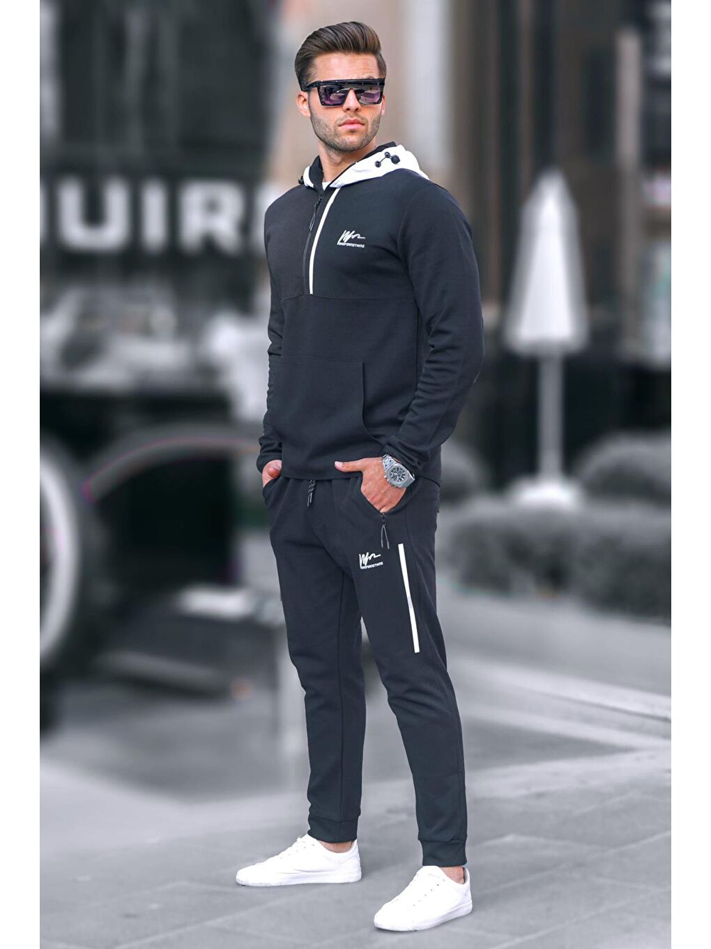 Siyah Fermuarlı Kapüşonlu Erkek Eşofman Takımı 6843-1