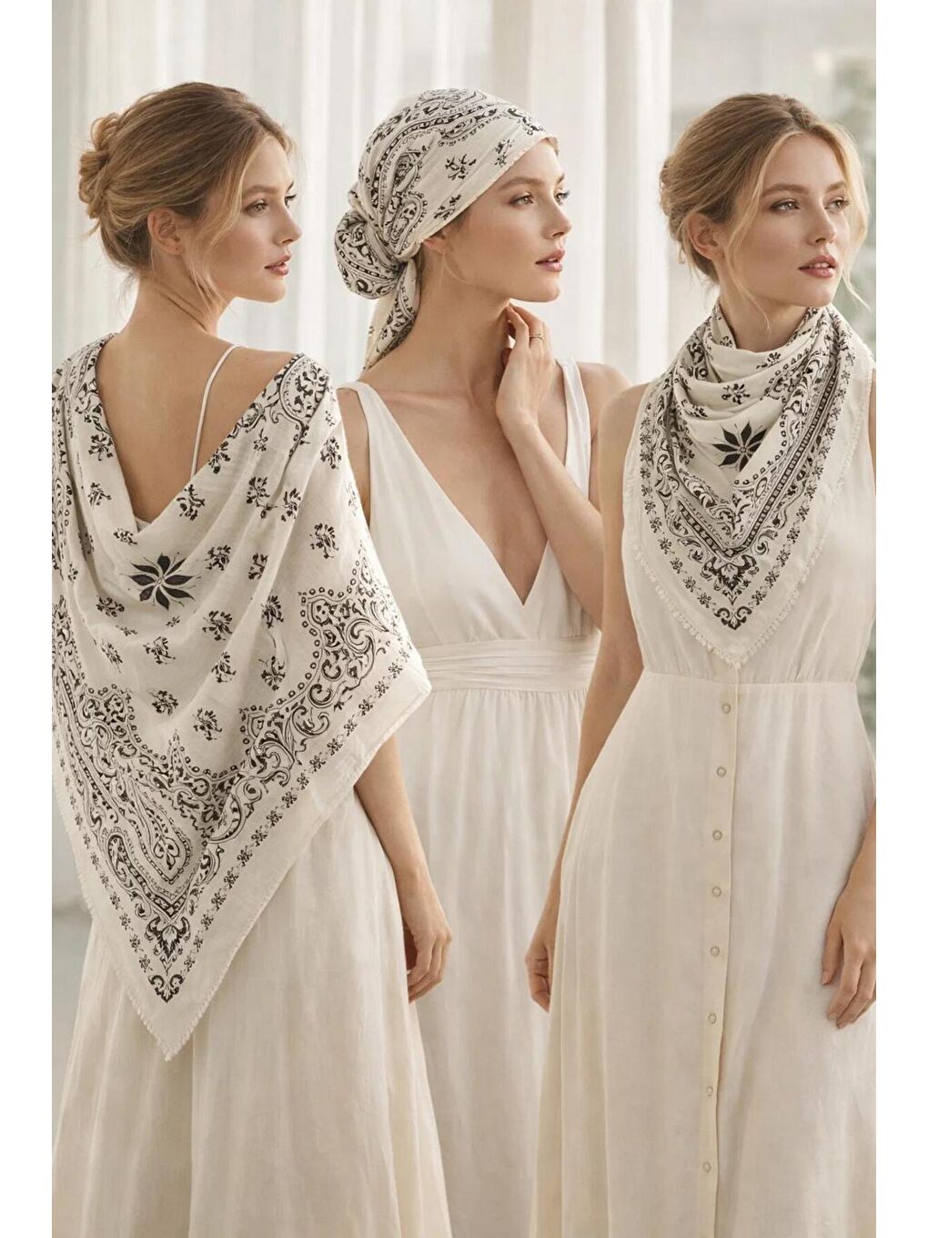 Kahverengi Kadın Vizon Etnik Desenli Bohem Üçgen Şal Bandana 110x110 cm SAL1400-4