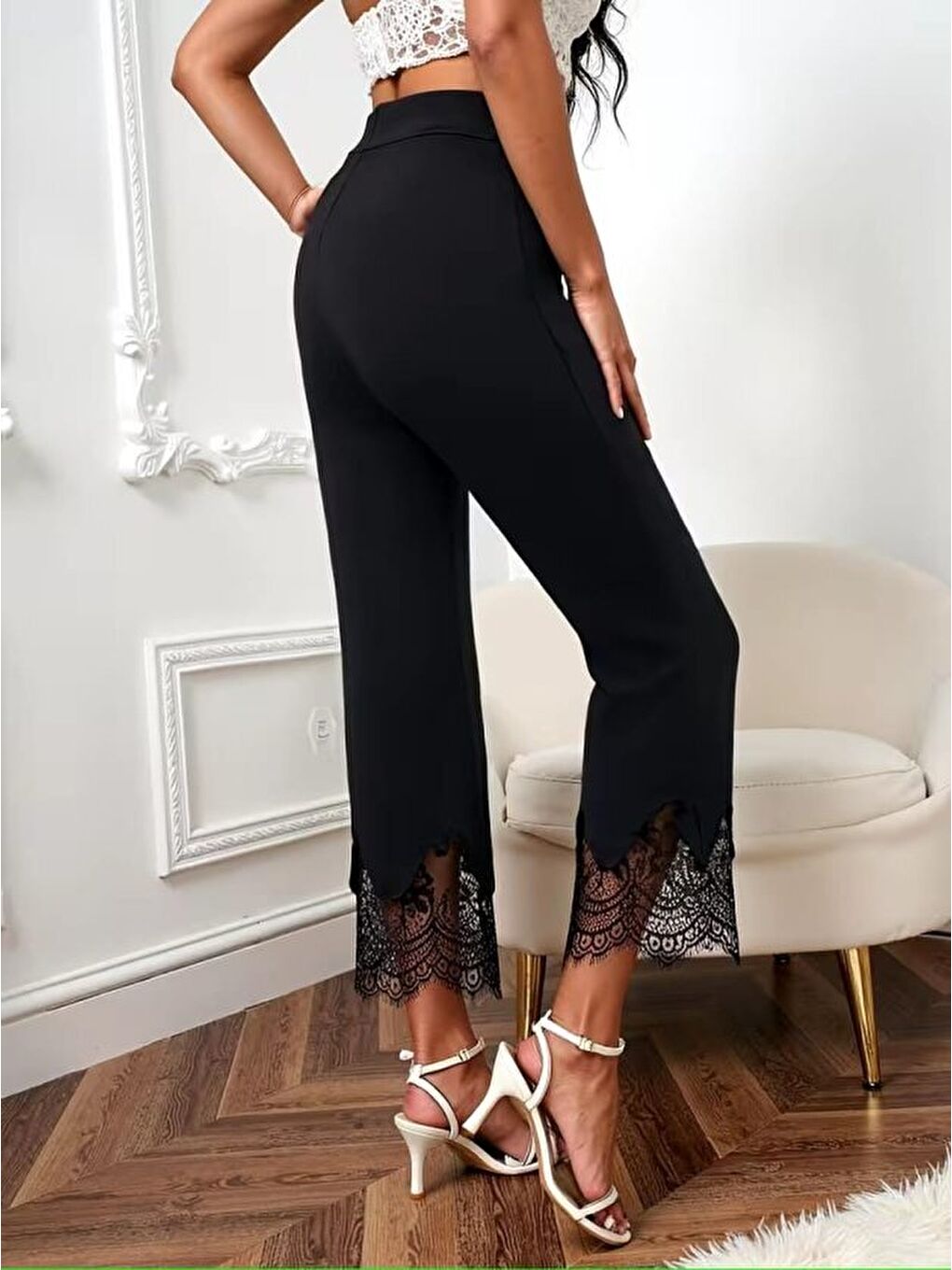 Siyah Kadın Yüksel Bel Paça Ağzı Dantelli Dalgıç Pantolon-1