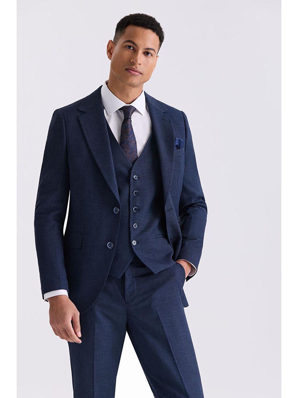 Lacivert Slim Fit Mono Yaka Yelekli Takım Elbise-1