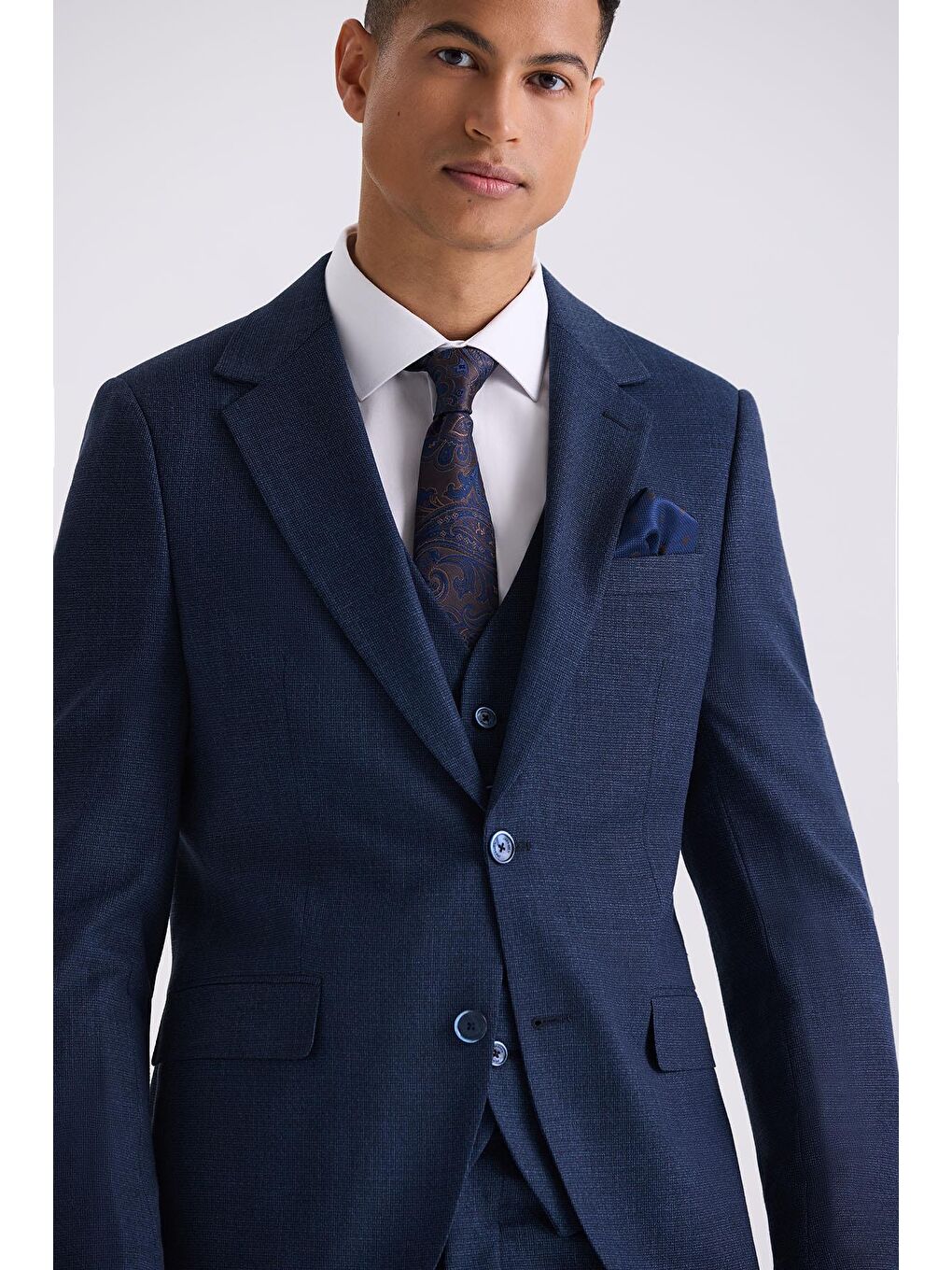 Lacivert Slim Fit Mono Yaka Yelekli Takım Elbise-2