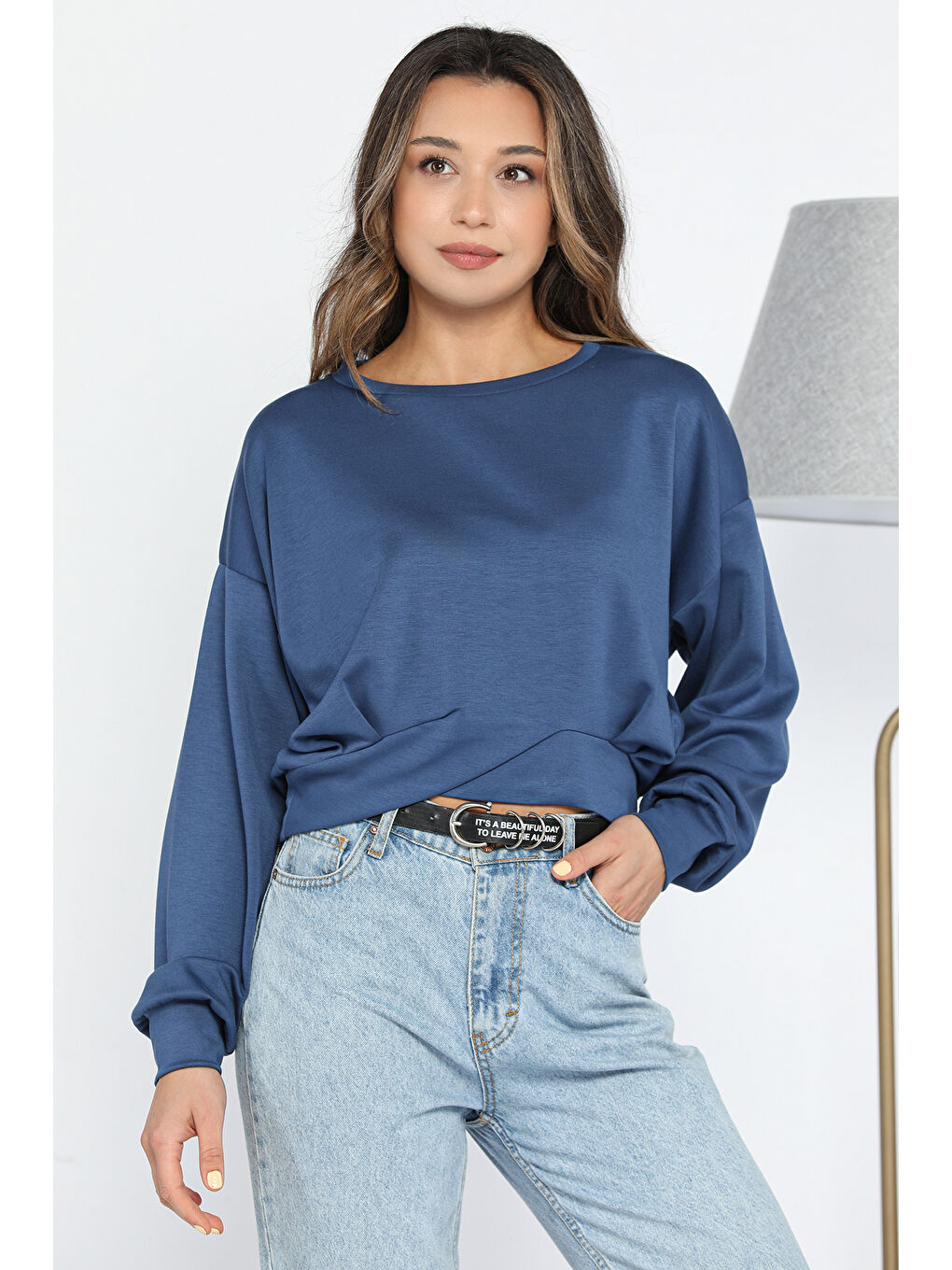 GÜLSELİ Lacivert Kadın Bisiklet Yaka Pile Detaylı Sweatshirt