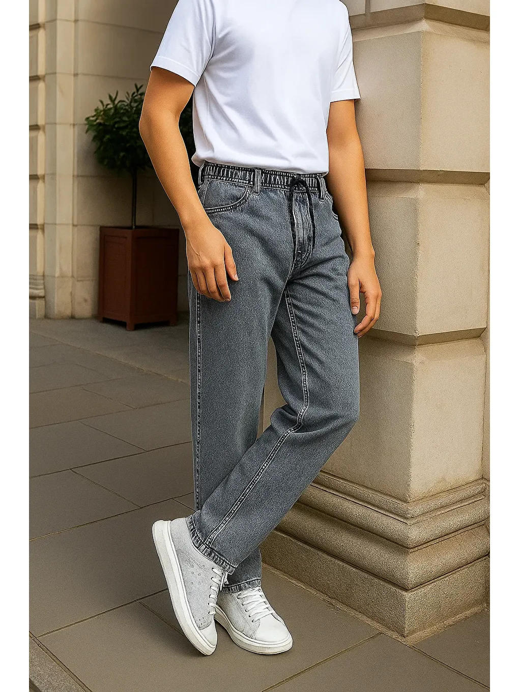 Erkek Günlük Basic Gri Baggy Jean Pantolon-1