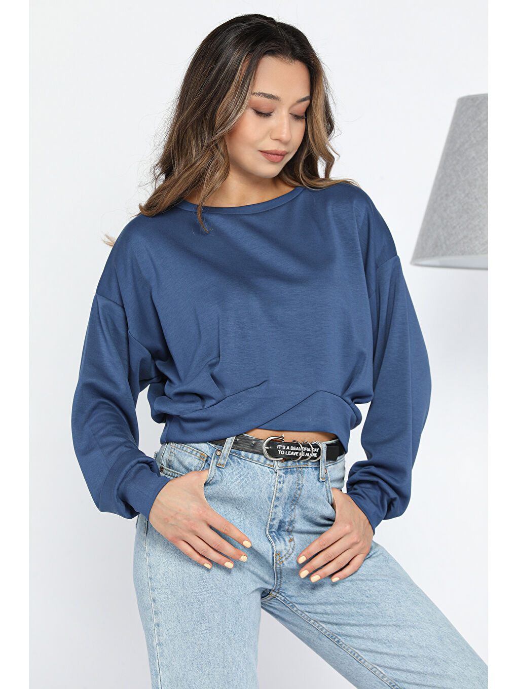 GÜLSELİ Lacivert Kadın Bisiklet Yaka Pile Detaylı Sweatshirt - 1