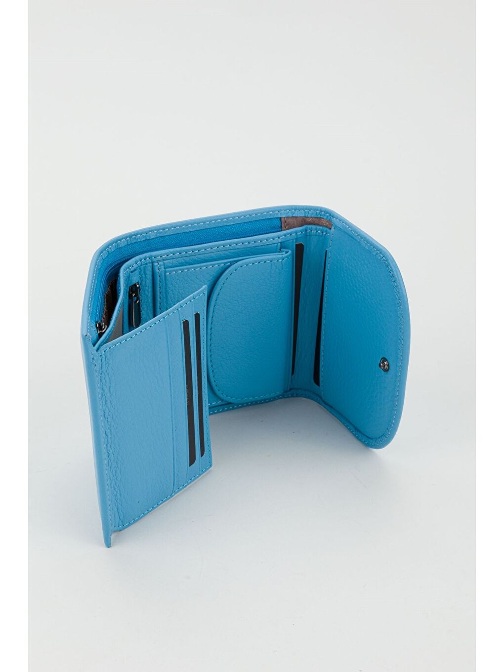 Kutulu Hakiki Deri Gök Mavi Küçük Boy Çok Gözlü Kadın El Portföyü Kartlık Cüzdan-1