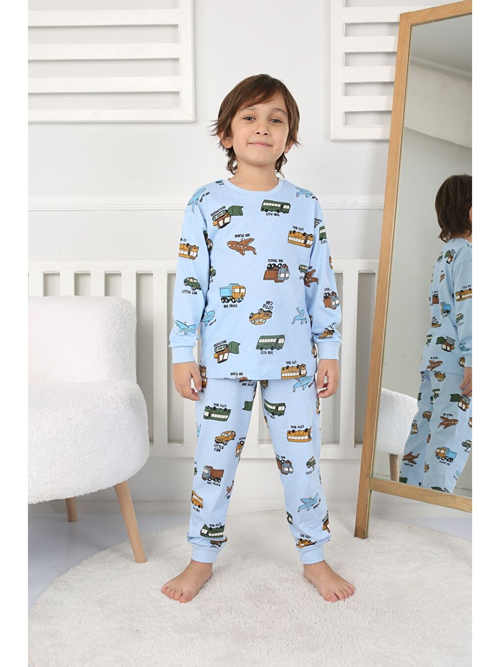 Mavi Transportation Veichle Desenli Çocuk Pijama Takımı (Alt-Üst) Bej 3-8 Yaş