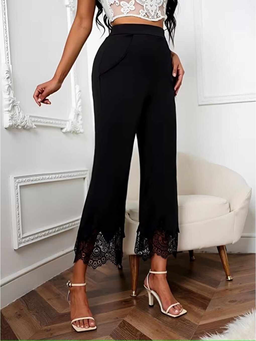 Siyah Kadın Yüksel Bel Paça Ağzı Dantelli Dalgıç Pantolon-3