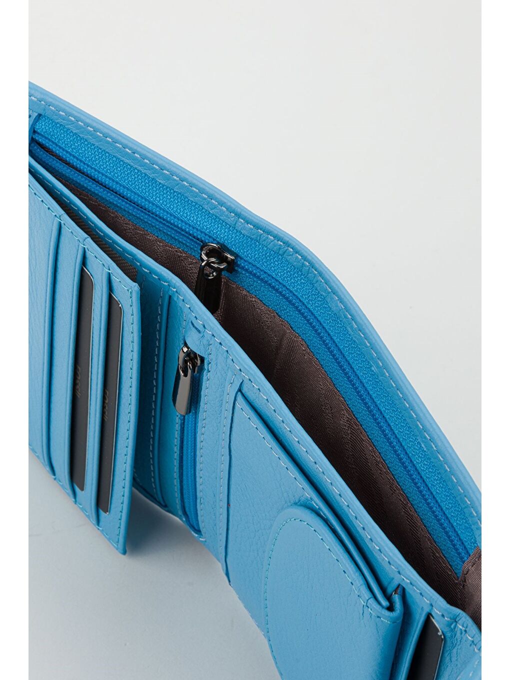 Kutulu Hakiki Deri Gök Mavi Küçük Boy Çok Gözlü Kadın El Portföyü Kartlık Cüzdan-2