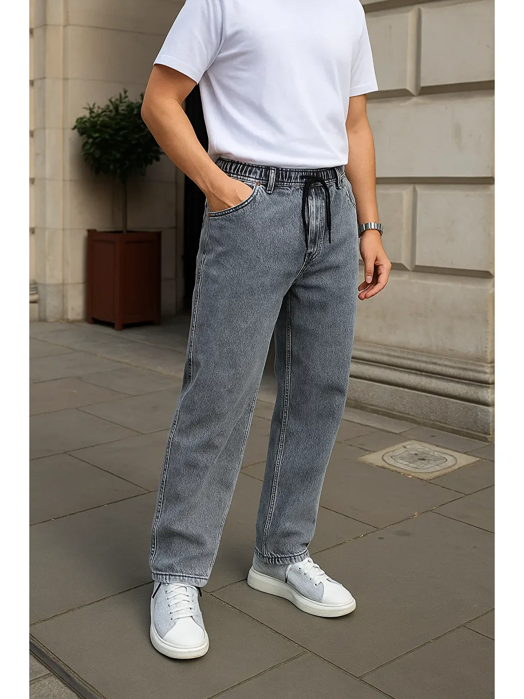 Erkek Günlük Basic Gri Baggy Jean Pantolon-4