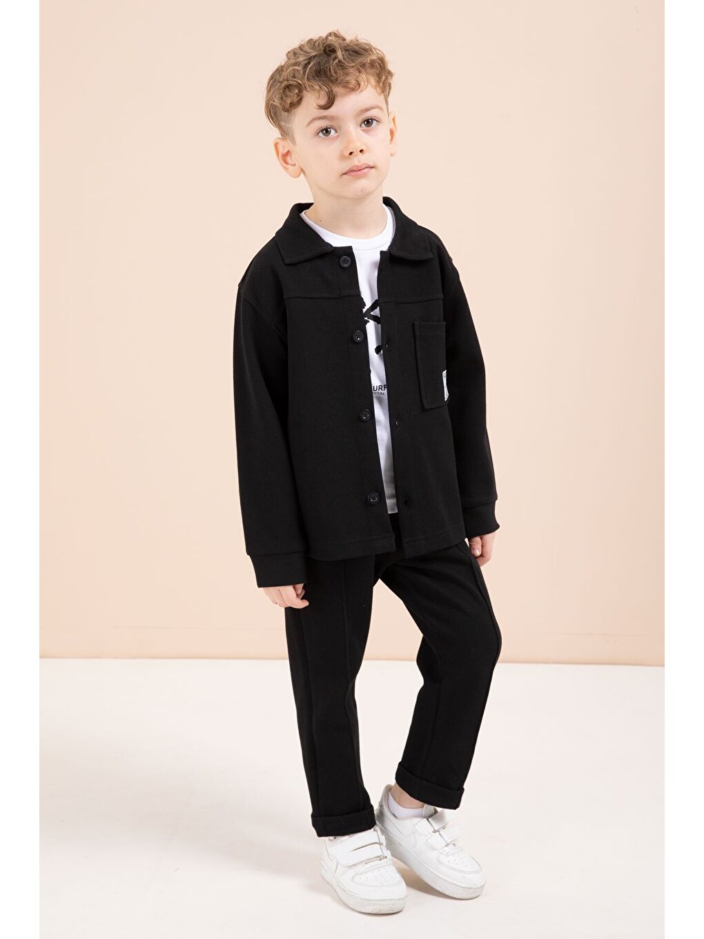 Siyah Arma Detaylı Gömlekli Duble Paça Pantolonlu Erkek Çocuk 3lü Takım 23619-2