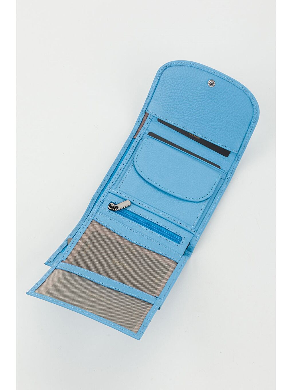 Kutulu Hakiki Deri Gök Mavi Küçük Boy Çok Gözlü Kadın El Portföyü Kartlık Cüzdan-3