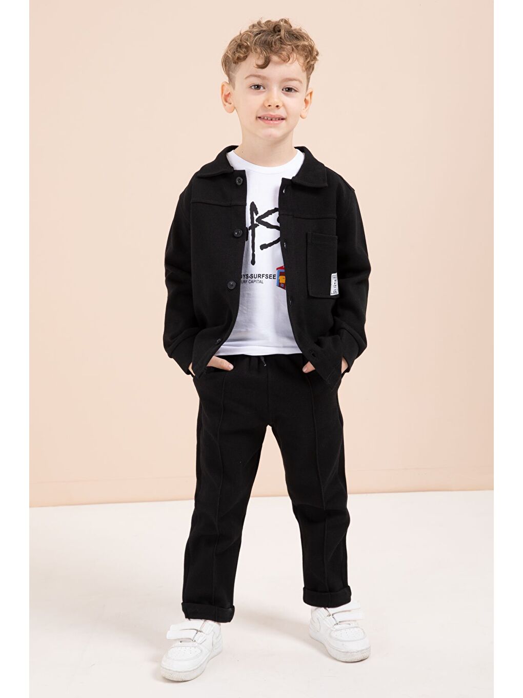 Siyah Arma Detaylı Gömlekli Duble Paça Pantolonlu Erkek Çocuk 3lü Takım 23619-4