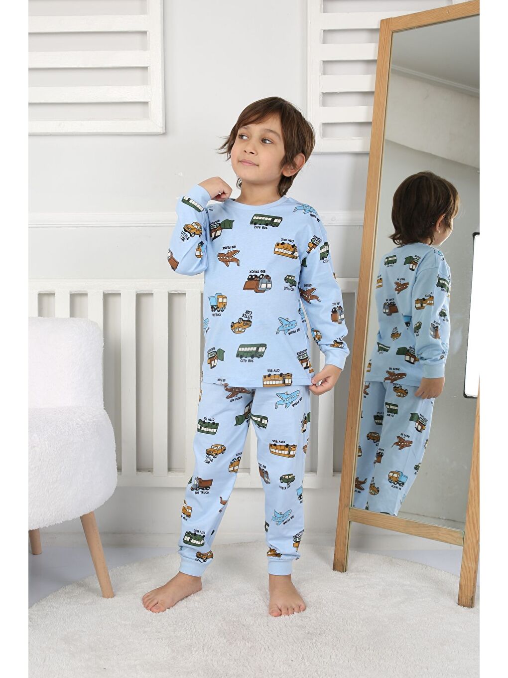 Mavi Transportation Veichle Desenli Çocuk Pijama Takımı (Alt-Üst) Bej 3-8 Yaş-1