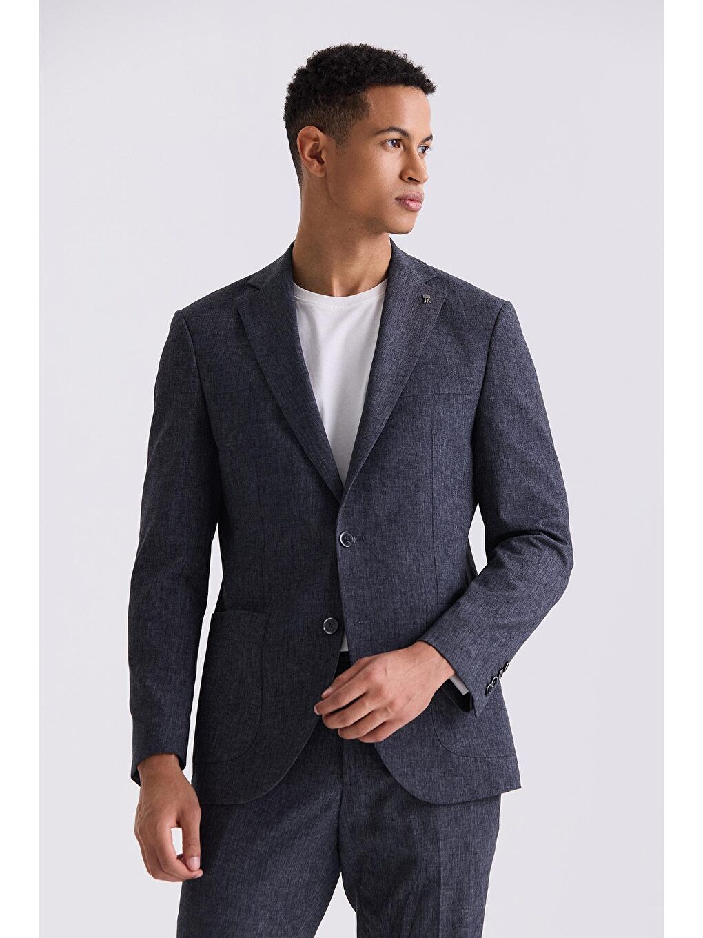 Koyu Lacivert Slim Fit Mono Yaka Keten Takım Elbise-1