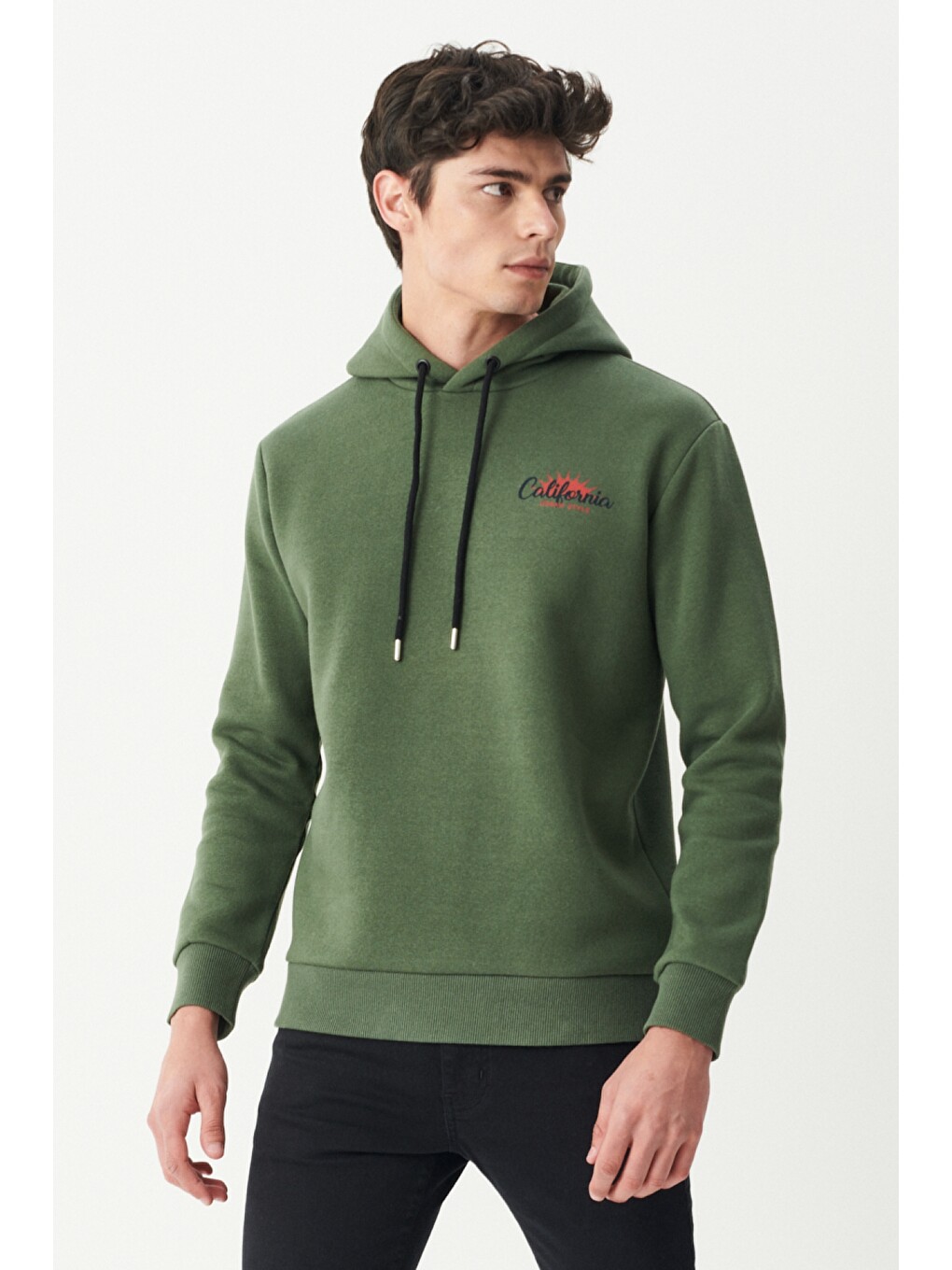 Regular Fit Kapüşonlu Şardonlu Haki Sweatshirt