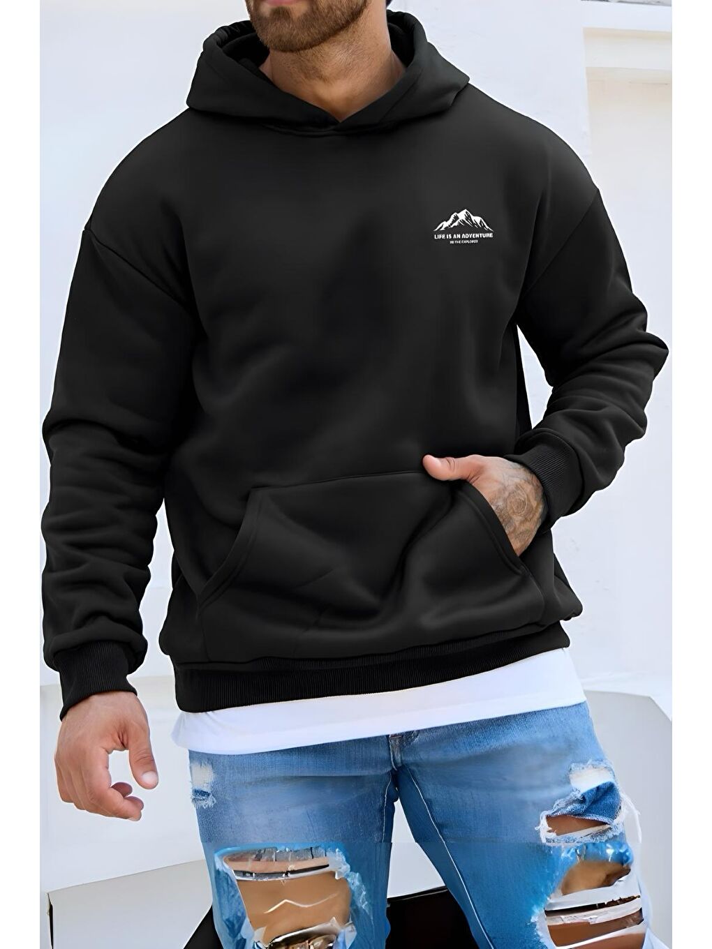 Oksit Siyah Life Adventure Baskılı Pamuklu Erkek Sweatshirt