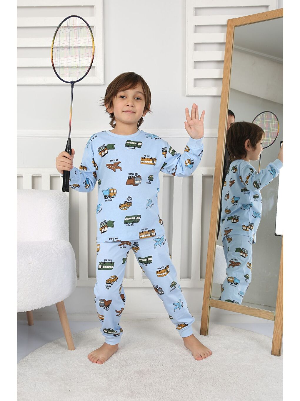 Mavi Transportation Veichle Desenli Çocuk Pijama Takımı (Alt-Üst) Bej 3-8 Yaş-2