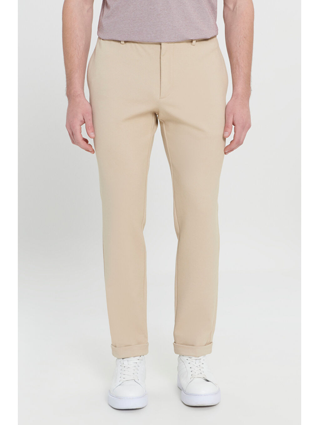 Erkek Bej 360 Derece Here Yöne Esneyen Slim Fit Dar Kesim Diagonal Desenli Beli Bağlamalı Örme Pant-