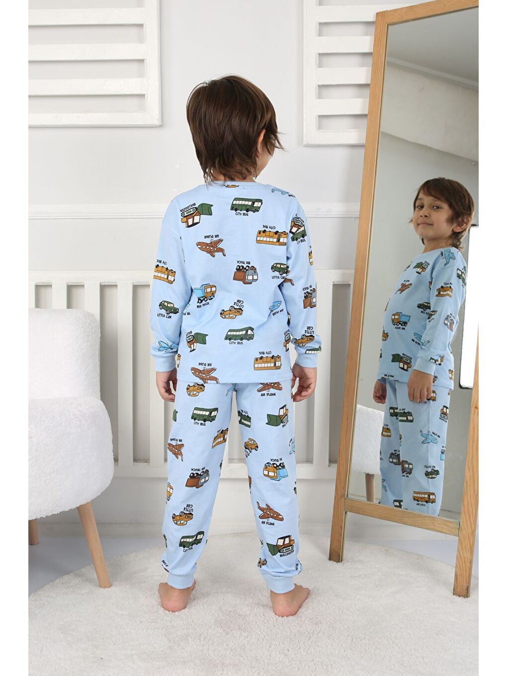 Mavi Transportation Veichle Desenli Çocuk Pijama Takımı (Alt-Üst) Bej 3-8 Yaş-3